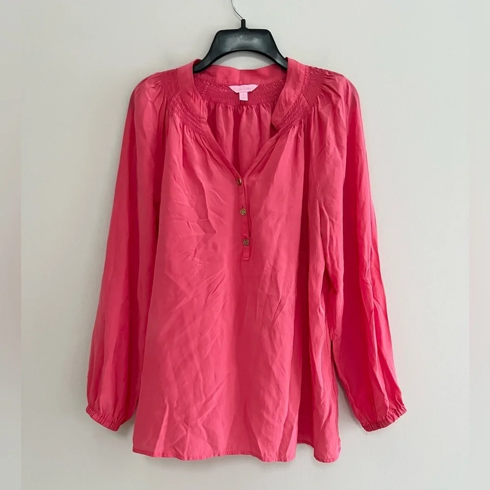 Lilly Pulitzer Elsa 100% Silk Long Sleeved Blouse Top in Parigi Pink, size M - Picture 2 of 10